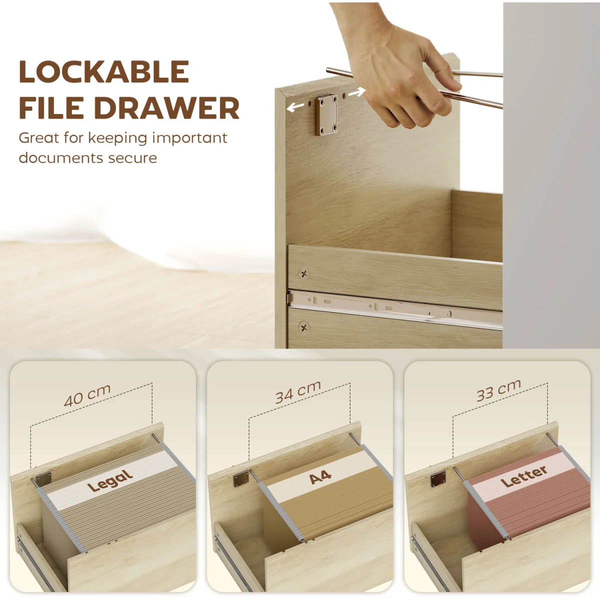HOMCOM Computer Desk with Lockable File Drawers - Oak Wood Effect – image 6