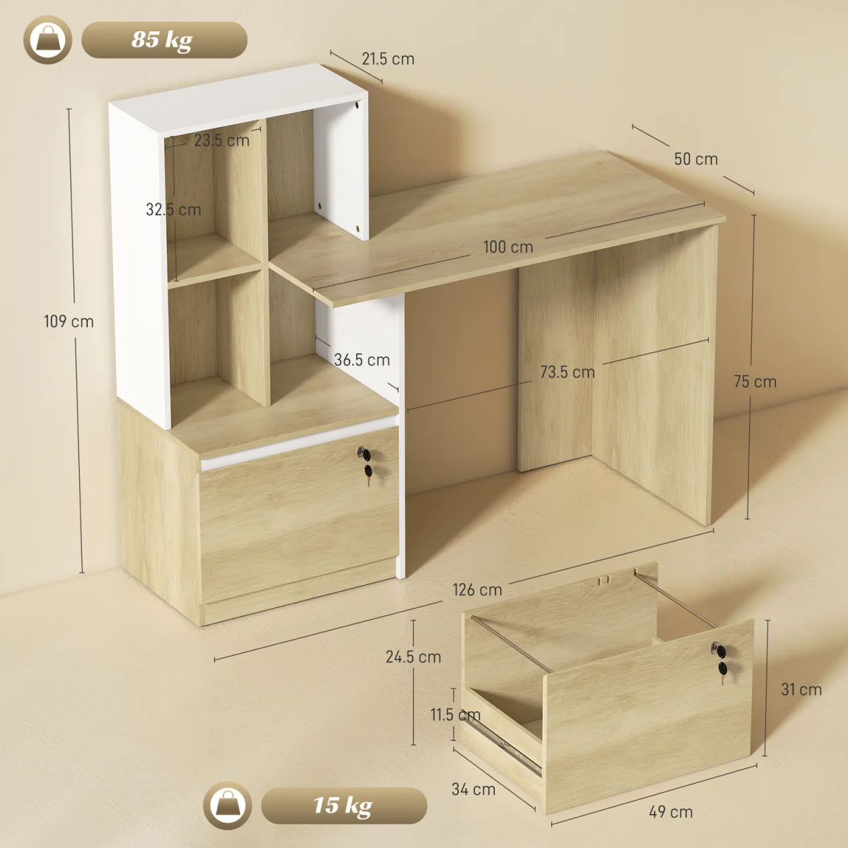HOMCOM Computer Desk with Lockable File Drawers - Oak Wood Effect – image 8