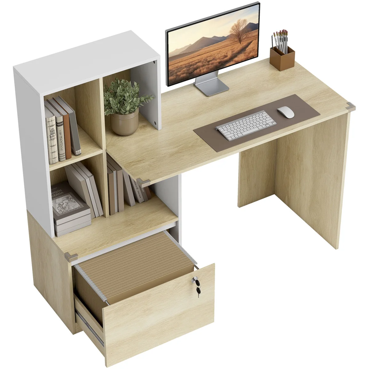 HOMCOM Computer Desk with Lockable File Drawers - Oak Wood Effect – image 9