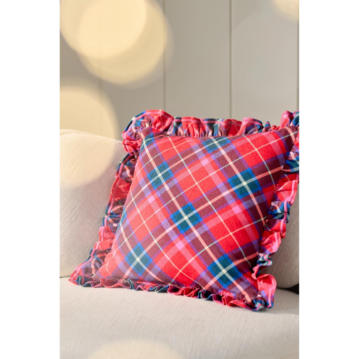 Tartan Cotton Embroidered Ruffle Cushion – image 3