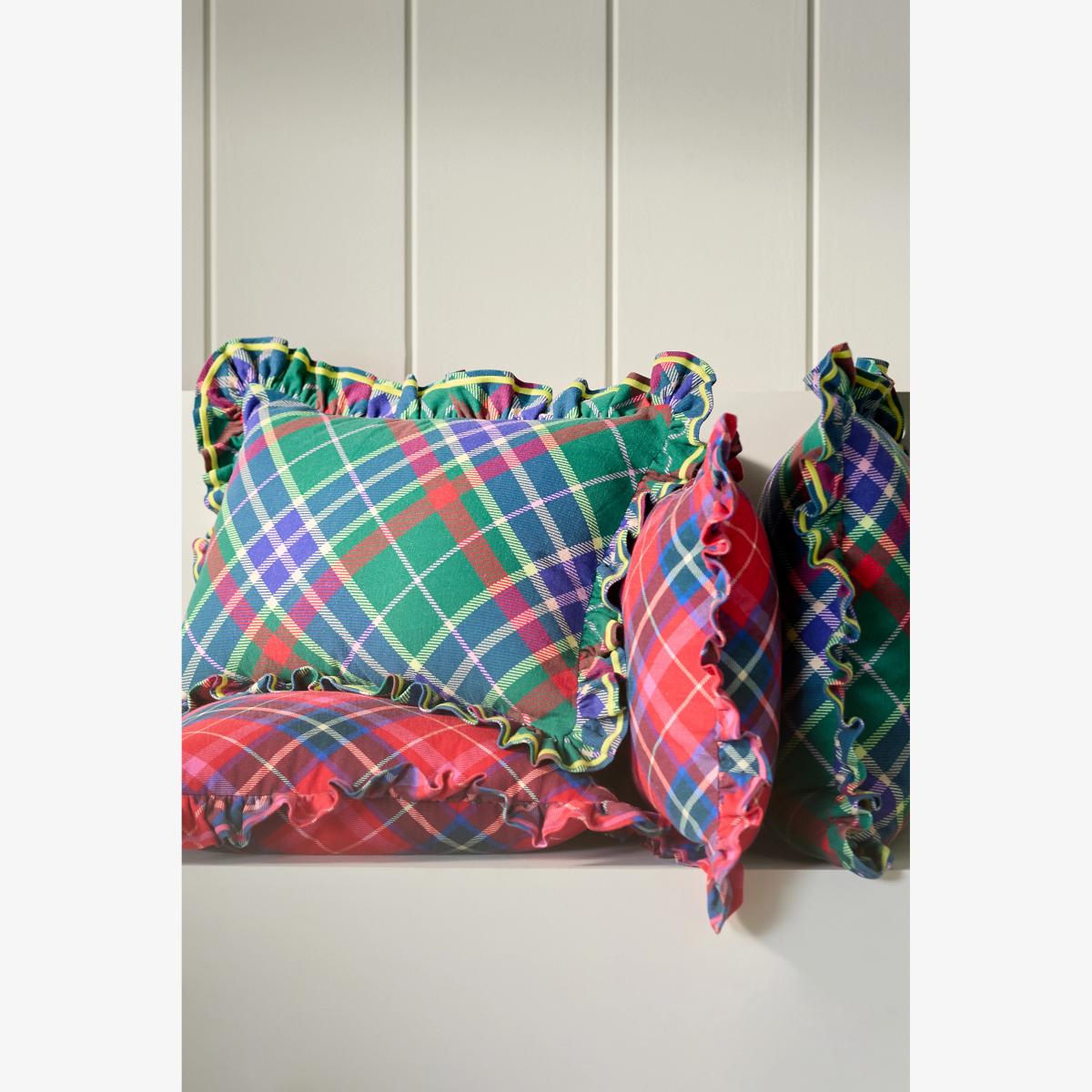 Tartan Cotton Embroidered Ruffle Cushion – image 1