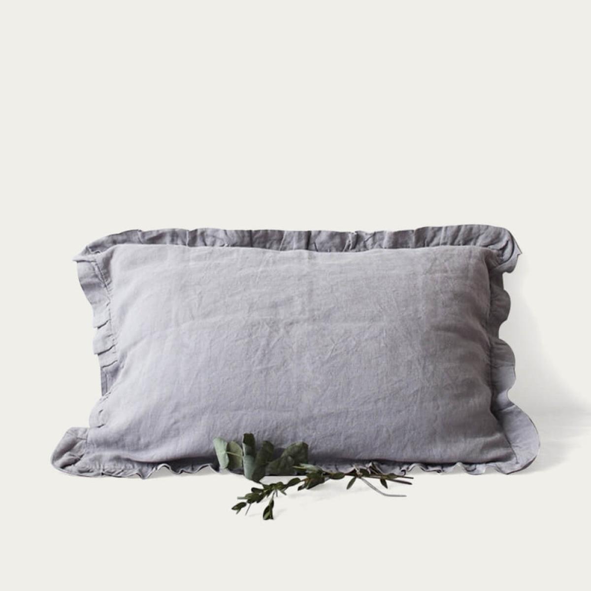 Light Grey Frilled Washed Linen Pillow Case