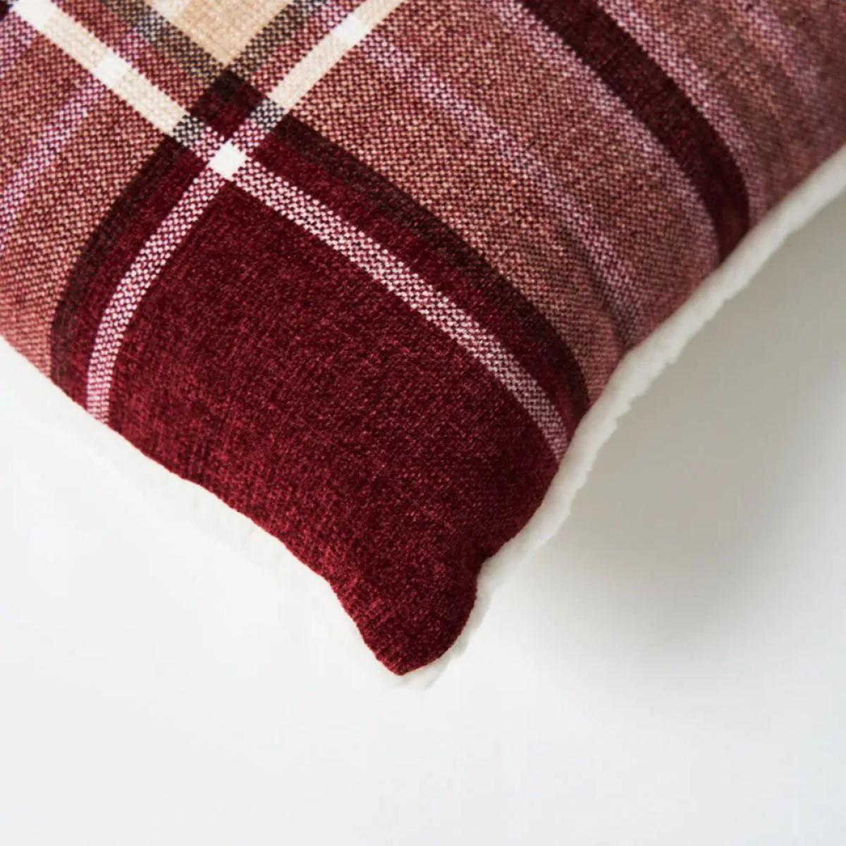 Luxury Warm Check Cushion with Sherpa, Red – image 3