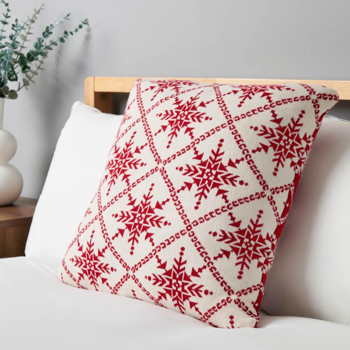 Christmas Traditional Snow Flake Reversible Cushion, Red – image 1