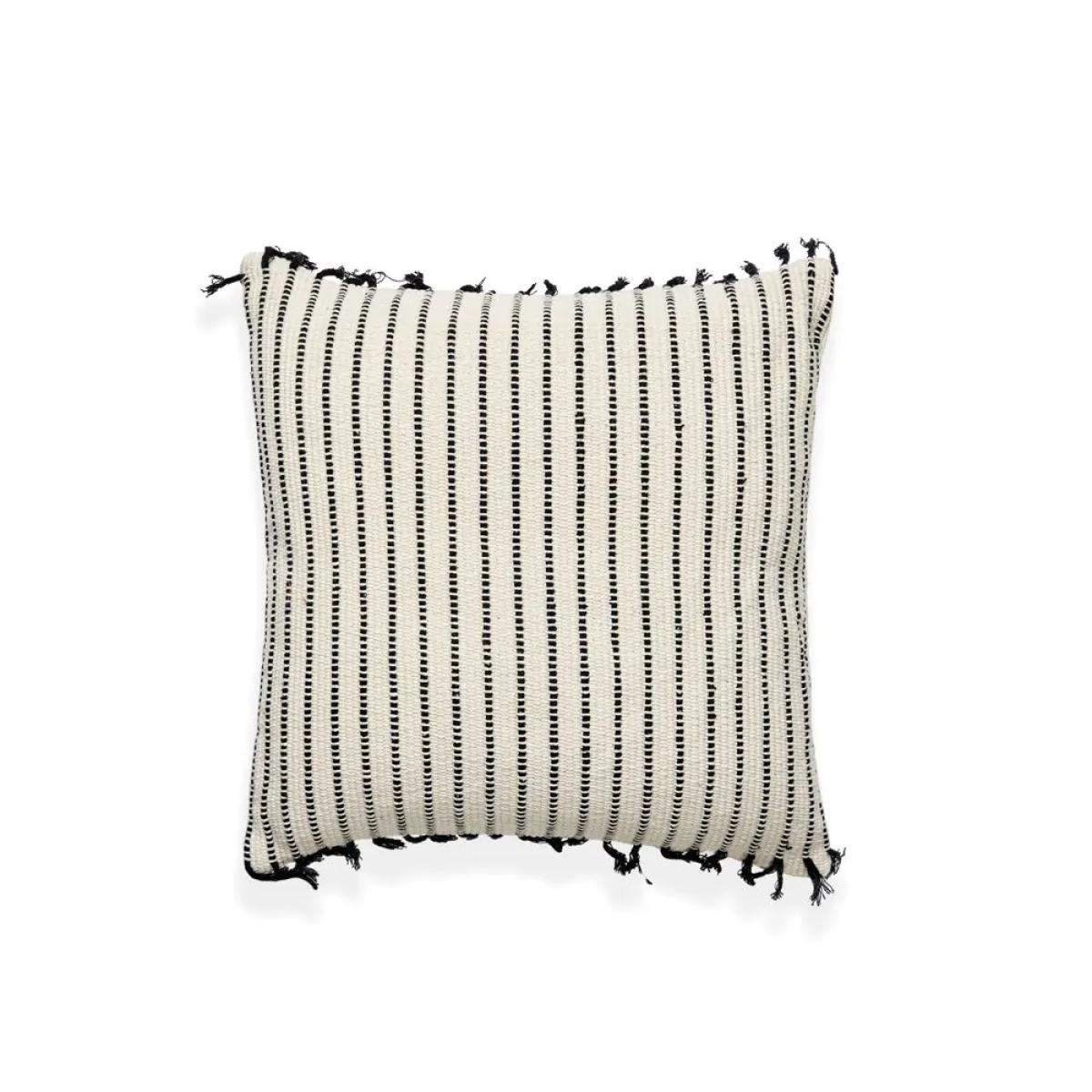 100% Cotton Stripe Cushion with Fringe, Black – image 2