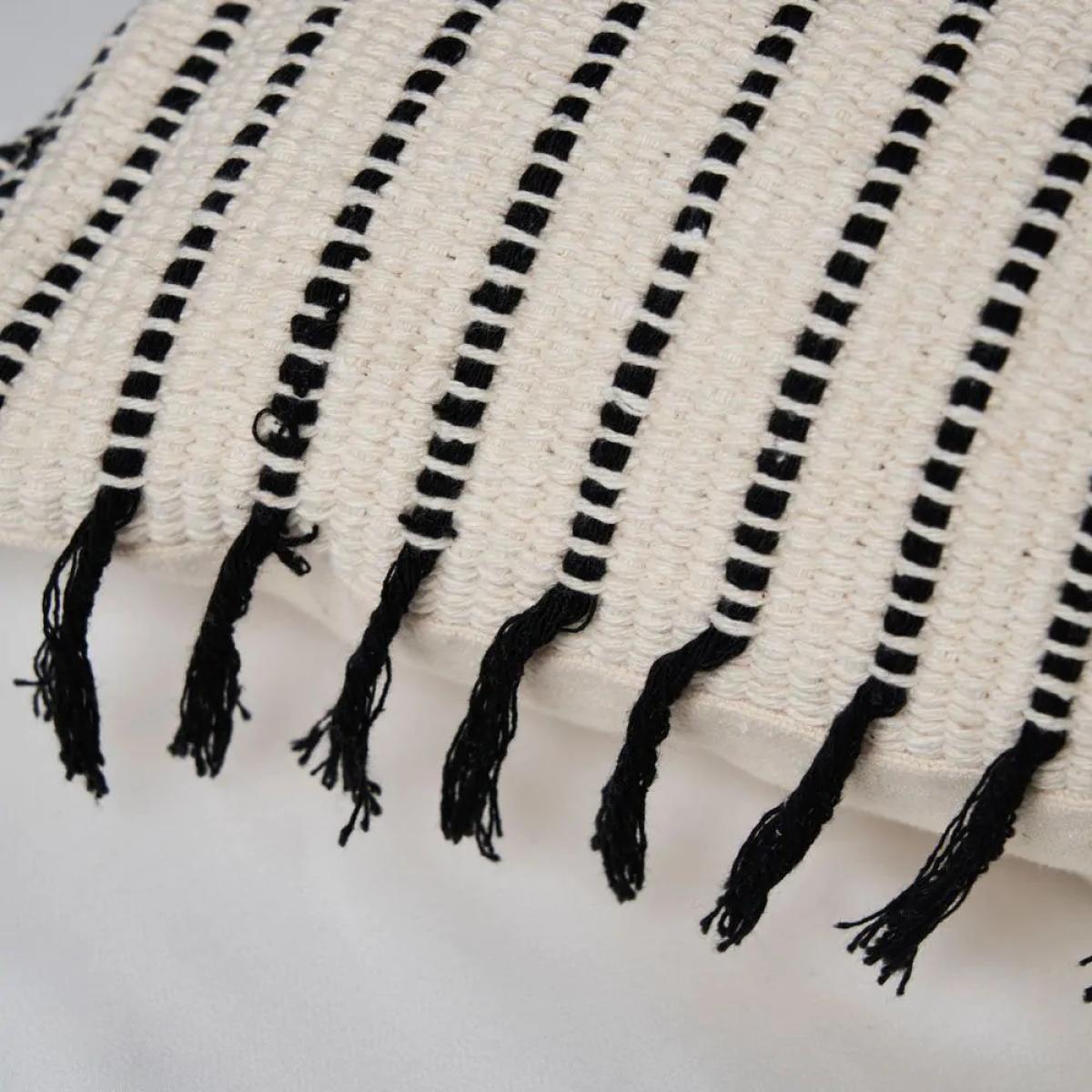 100% Cotton Stripe Cushion with Fringe, Black – image 3