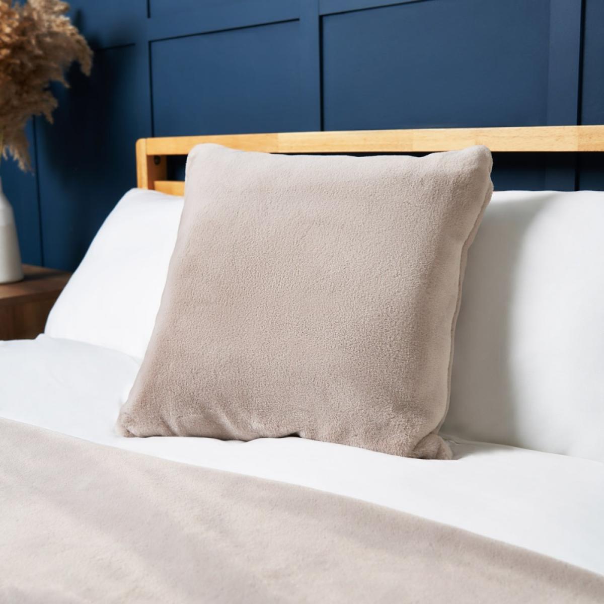 Plain Faux Fur Cushion, Tan – image 1