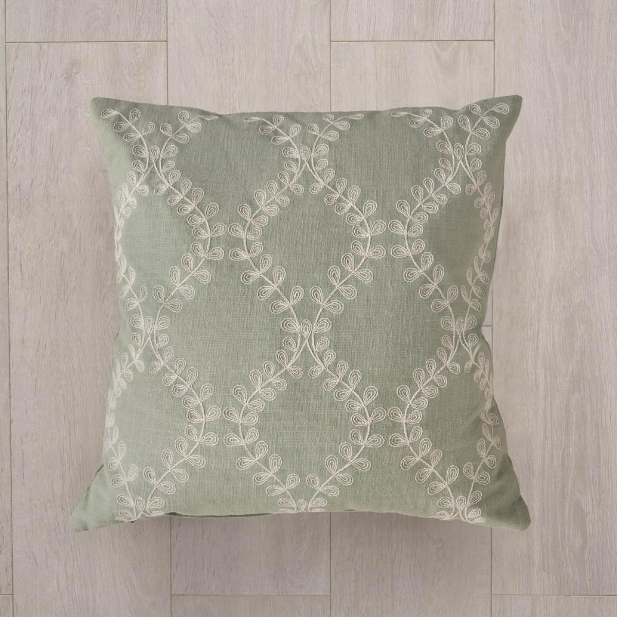 Floral Embroidered Cushion, Sage – image 1