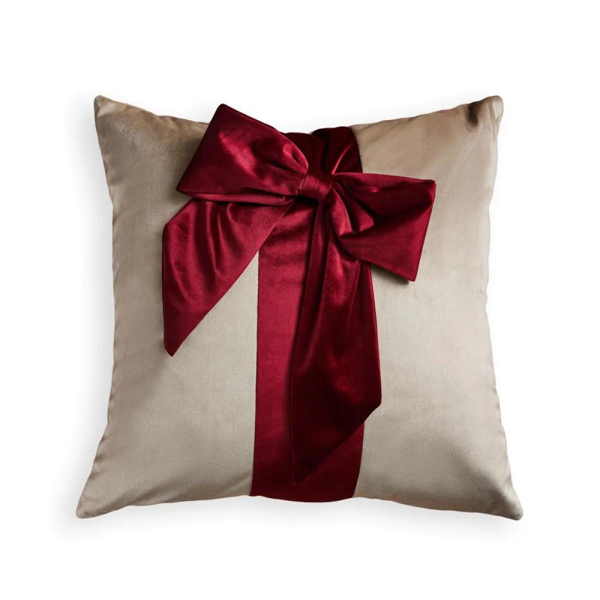 Velvet Bow Gift Wrap Cushion, Red and Natural – image 2