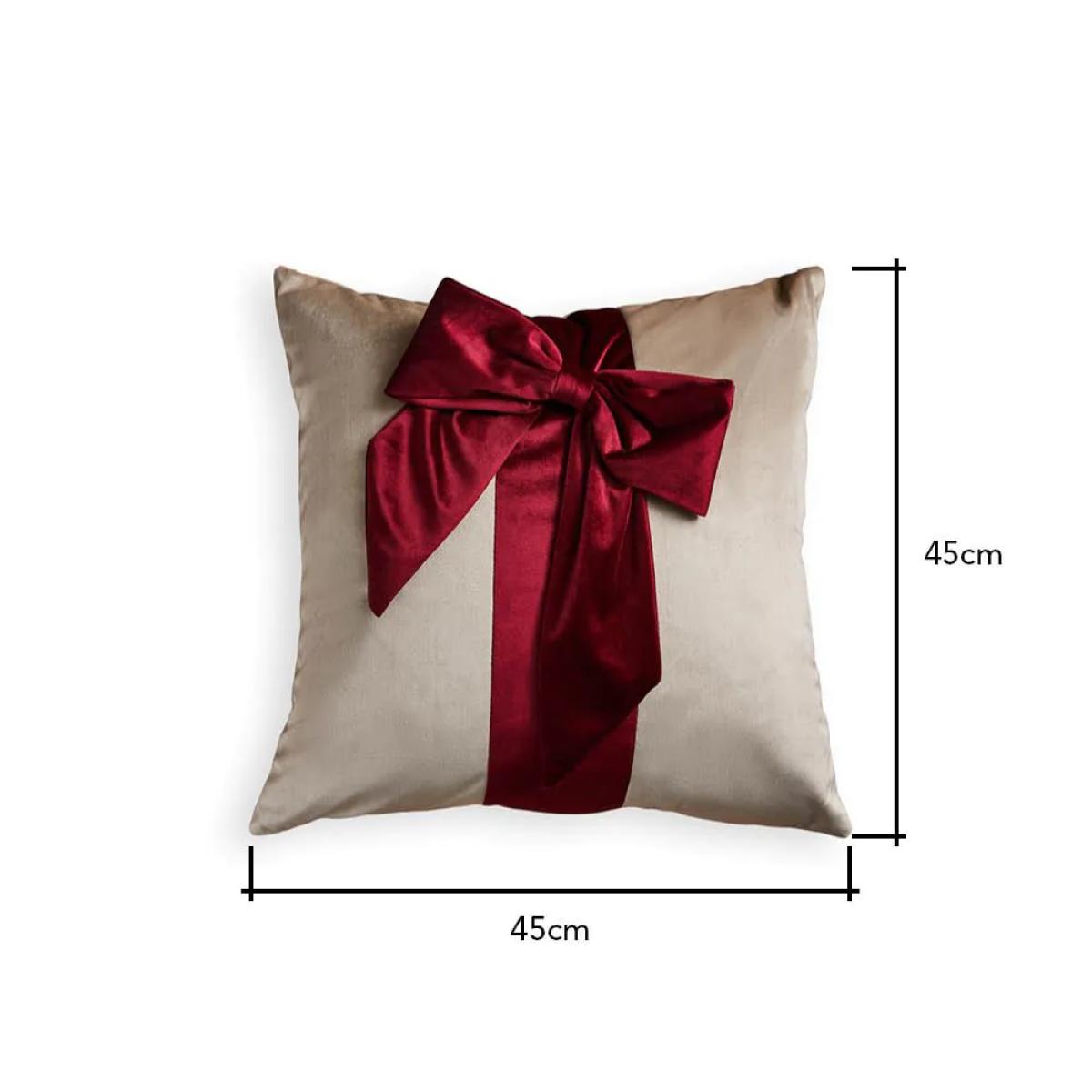 Velvet Bow Gift Wrap Cushion, Red and Natural – image 4
