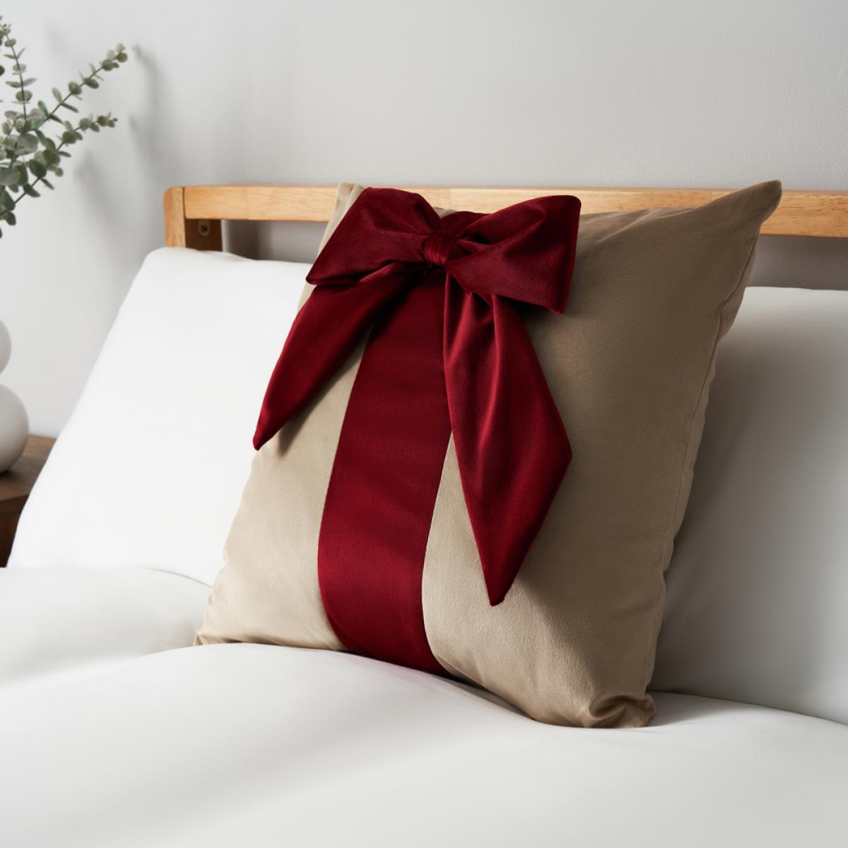 Velvet Bow Gift Wrap Cushion, Red and Natural – image 1