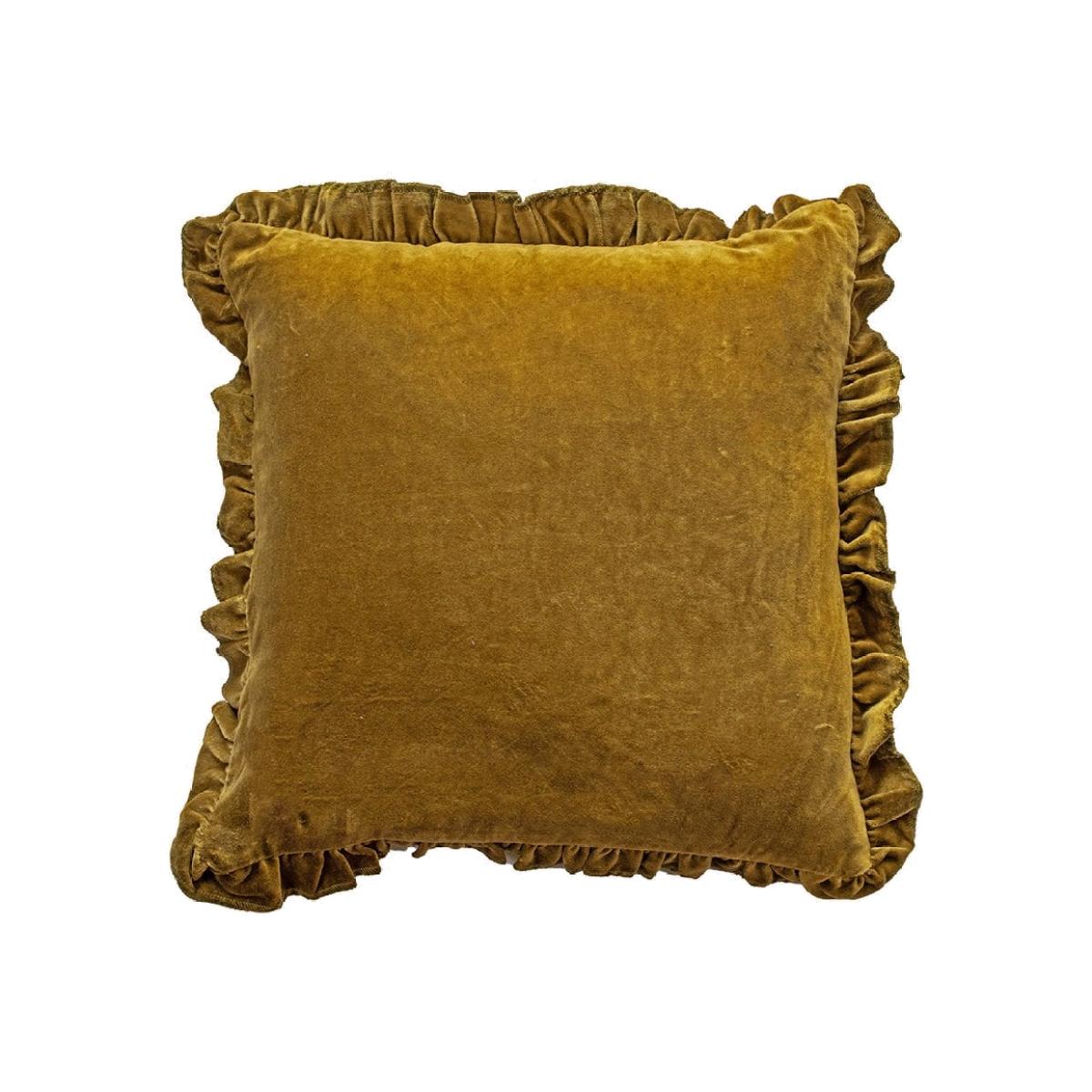 Delphine Frilled Velvet Cushion, Olive Green