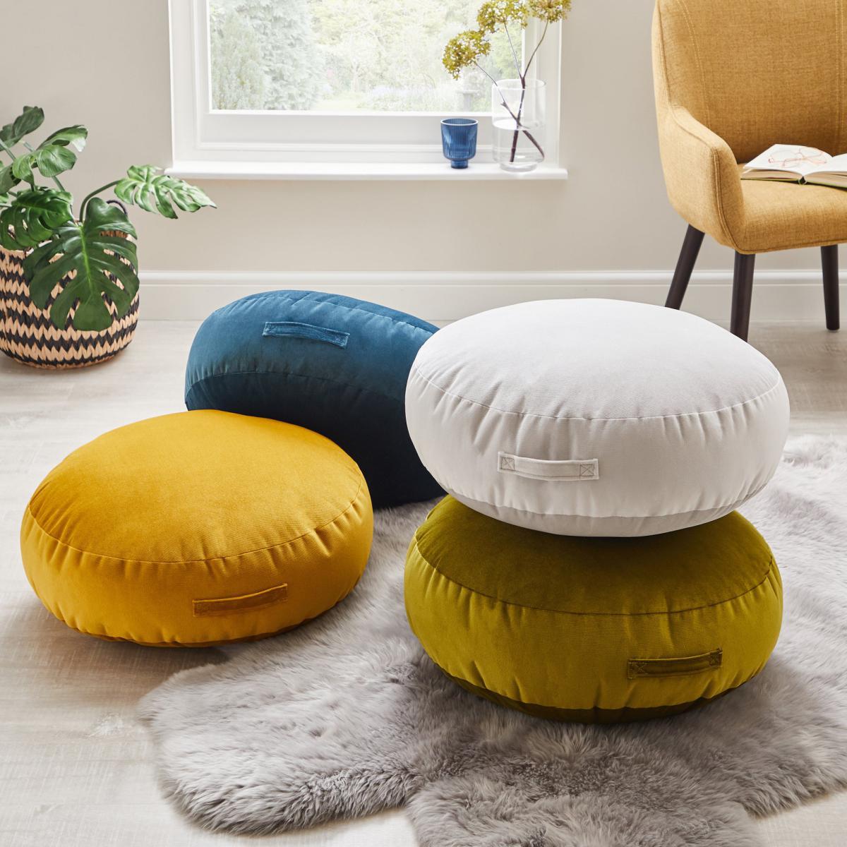 Shiny Velour Ecru Floor Cushion Brown and White – image 5