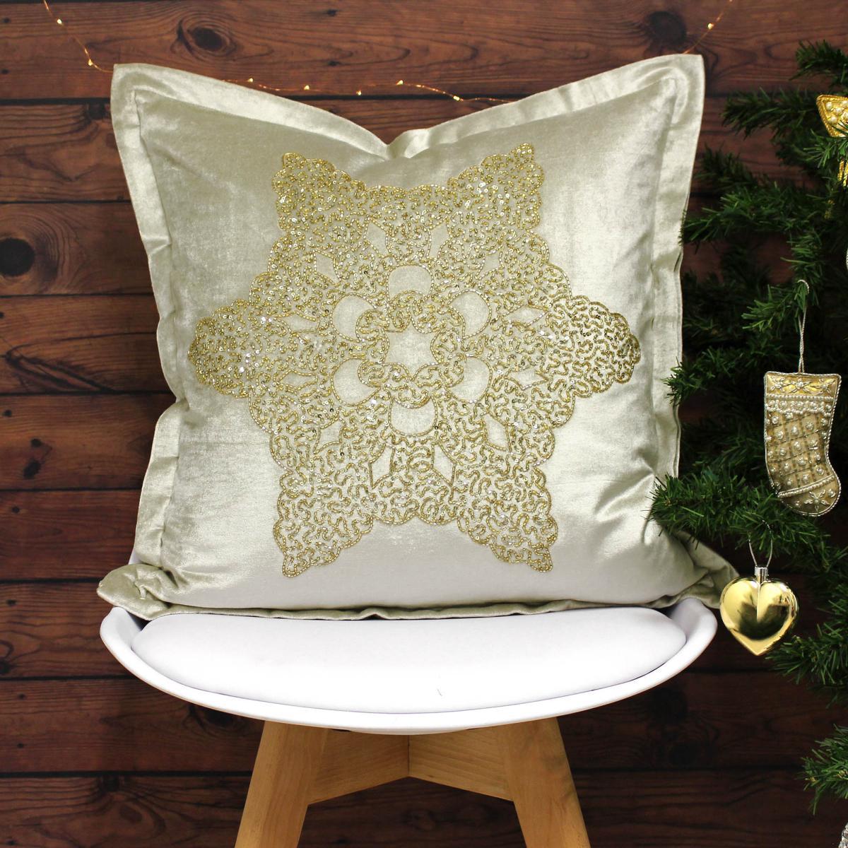 Wonderland Snowflake Champagne Cushion Beige and Gold – image 2