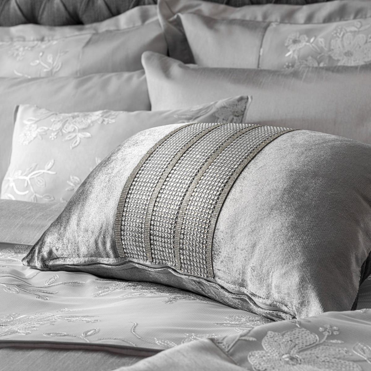 Banded Diamante Embellished Grey Boudoir Cushion Grey – image 1