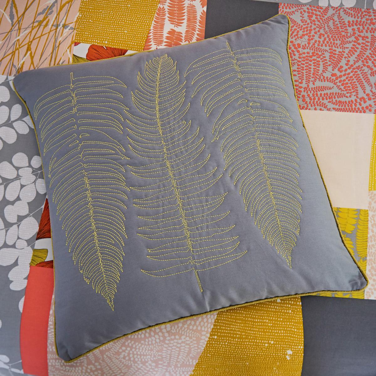 Clarissa Hulse Ginkgo Patchwork Grey and Mustard Cushion Light Grey – image 1