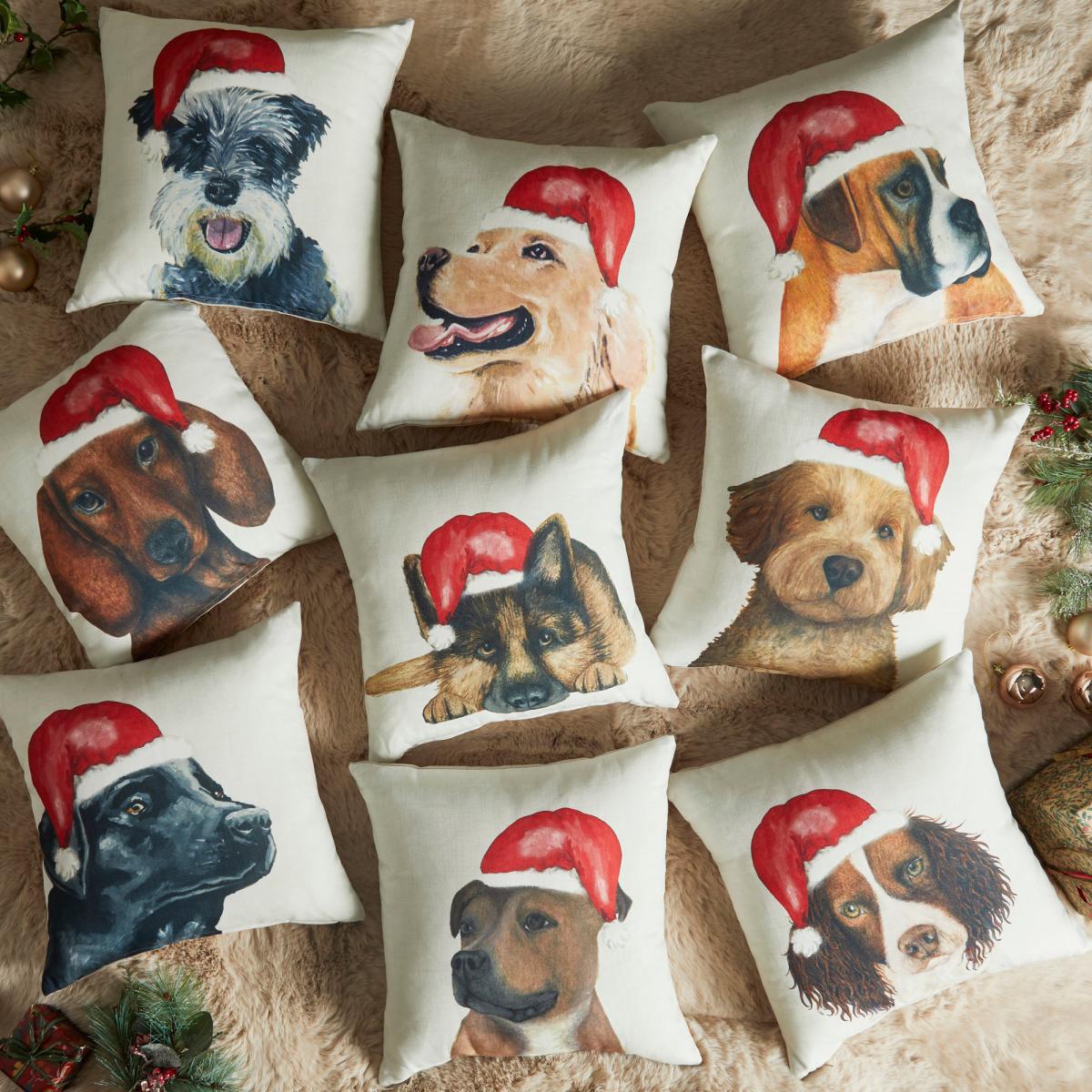 Dachshund Christmas Hat Cushion White, Brown and Red – image 2