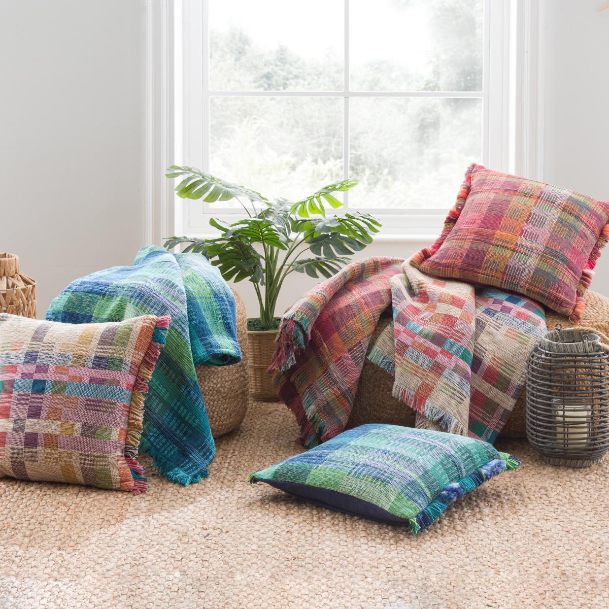 Handwoven Rainbow Cushion, 43 x 43cm Blue – image 6