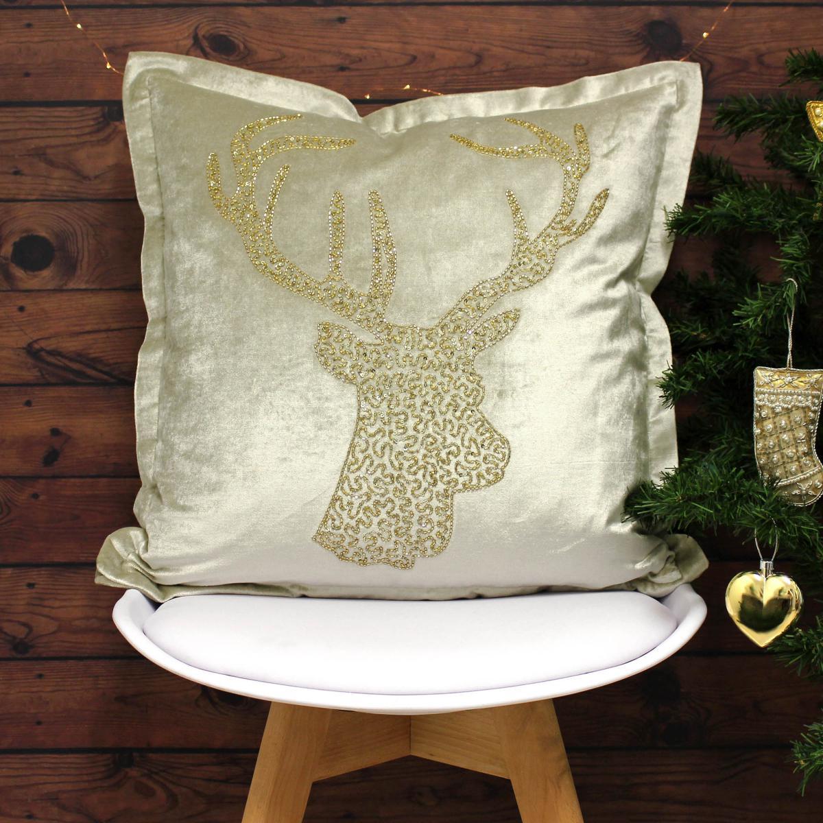 Wonderland Stag Champagne Cushion Green and Gold – image 2