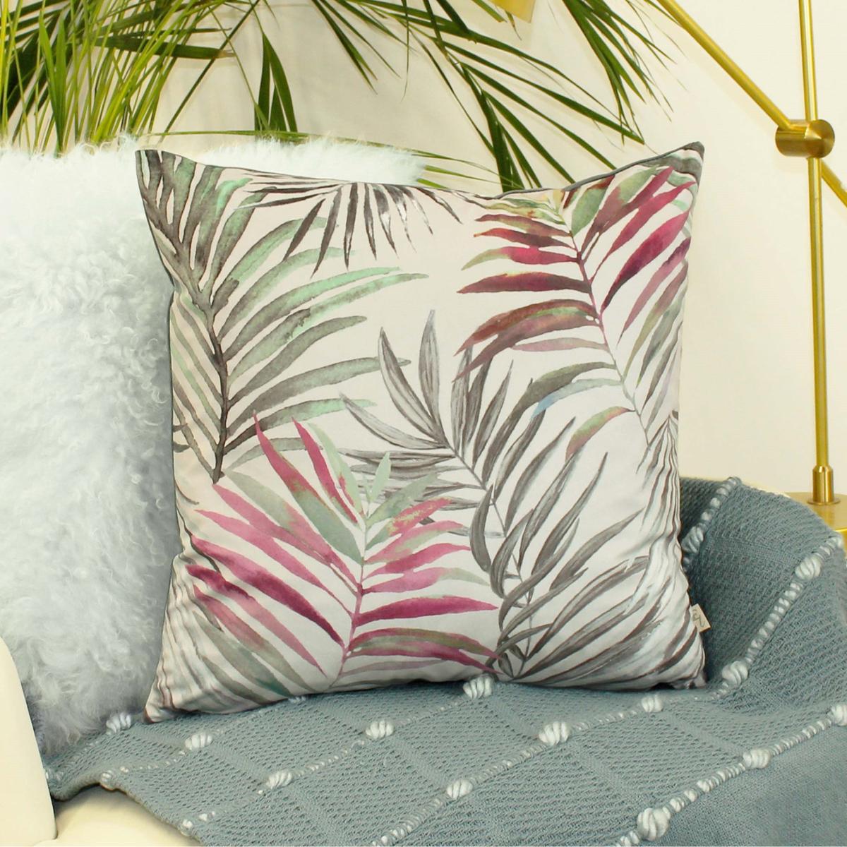 Evans Lichfield Palm Velvet Cushion Blue/Pink/Green – image 5