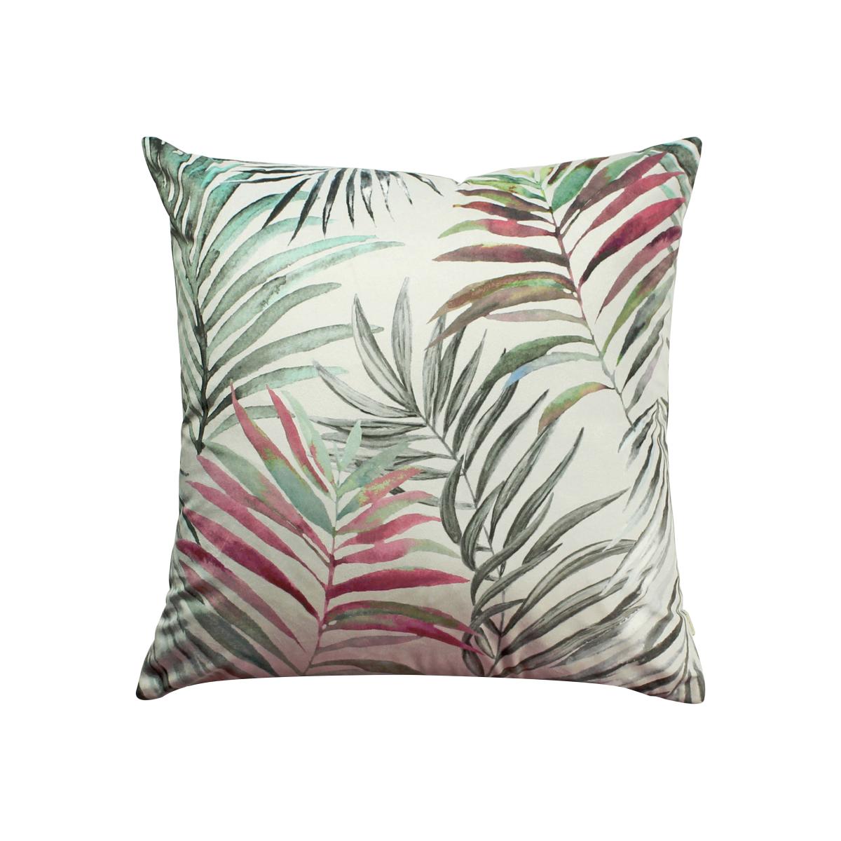 Evans Lichfield Palm Velvet Cushion Blue/Pink/Green – image 1