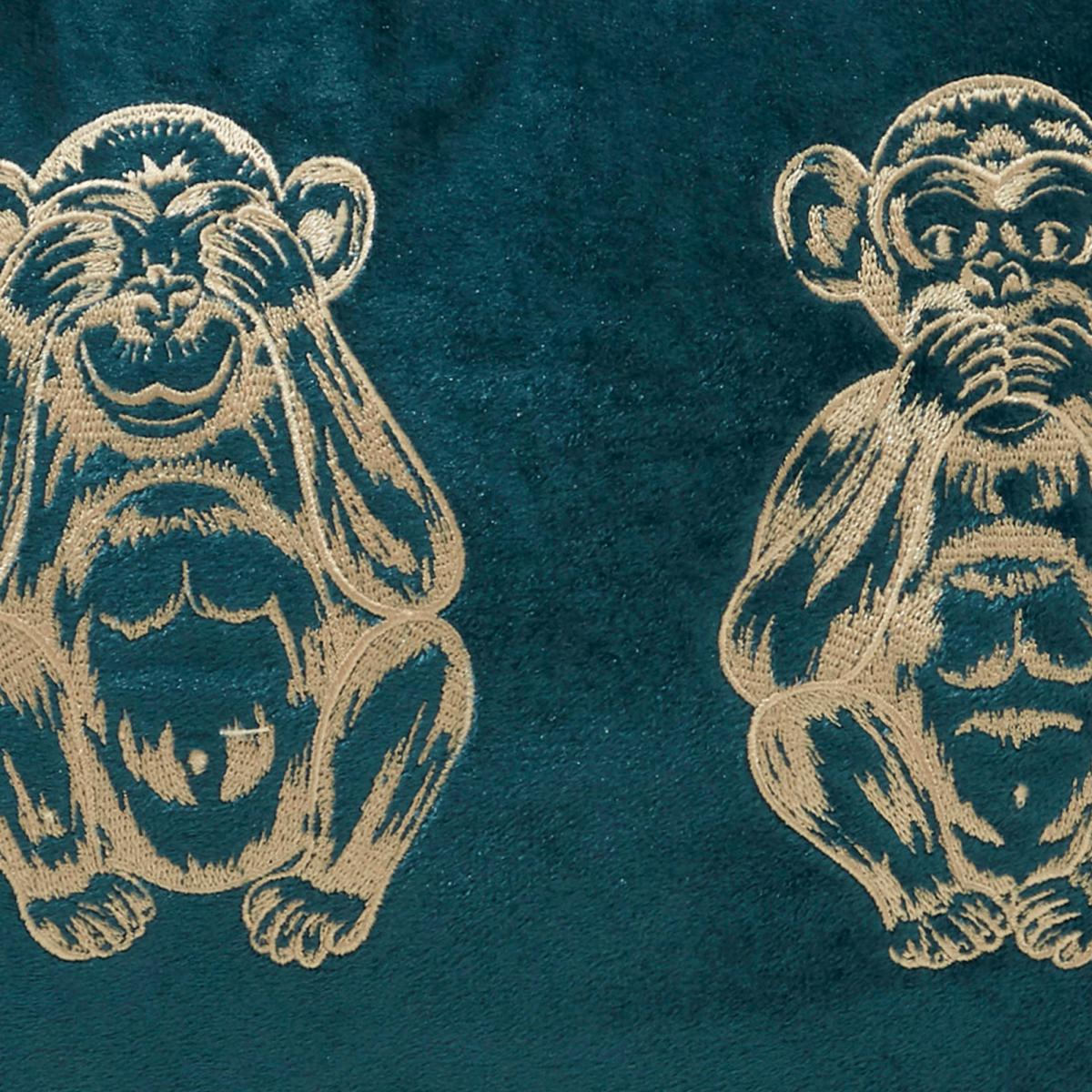 Three Monkeys Teal Velvet Cushion Blue and Brown – image 2