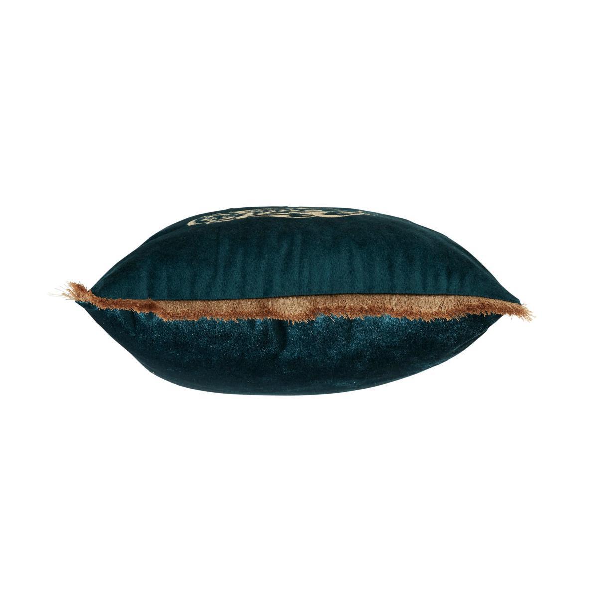Three Monkeys Teal Velvet Cushion Blue and Brown – image 3