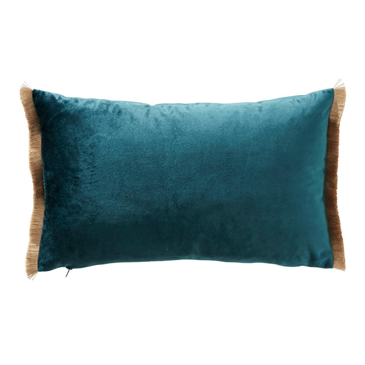 Three Monkeys Teal Velvet Cushion Blue and Brown – image 4