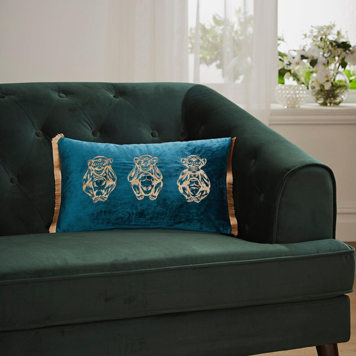 Three Monkeys Teal Velvet Cushion Blue and Brown – image 5