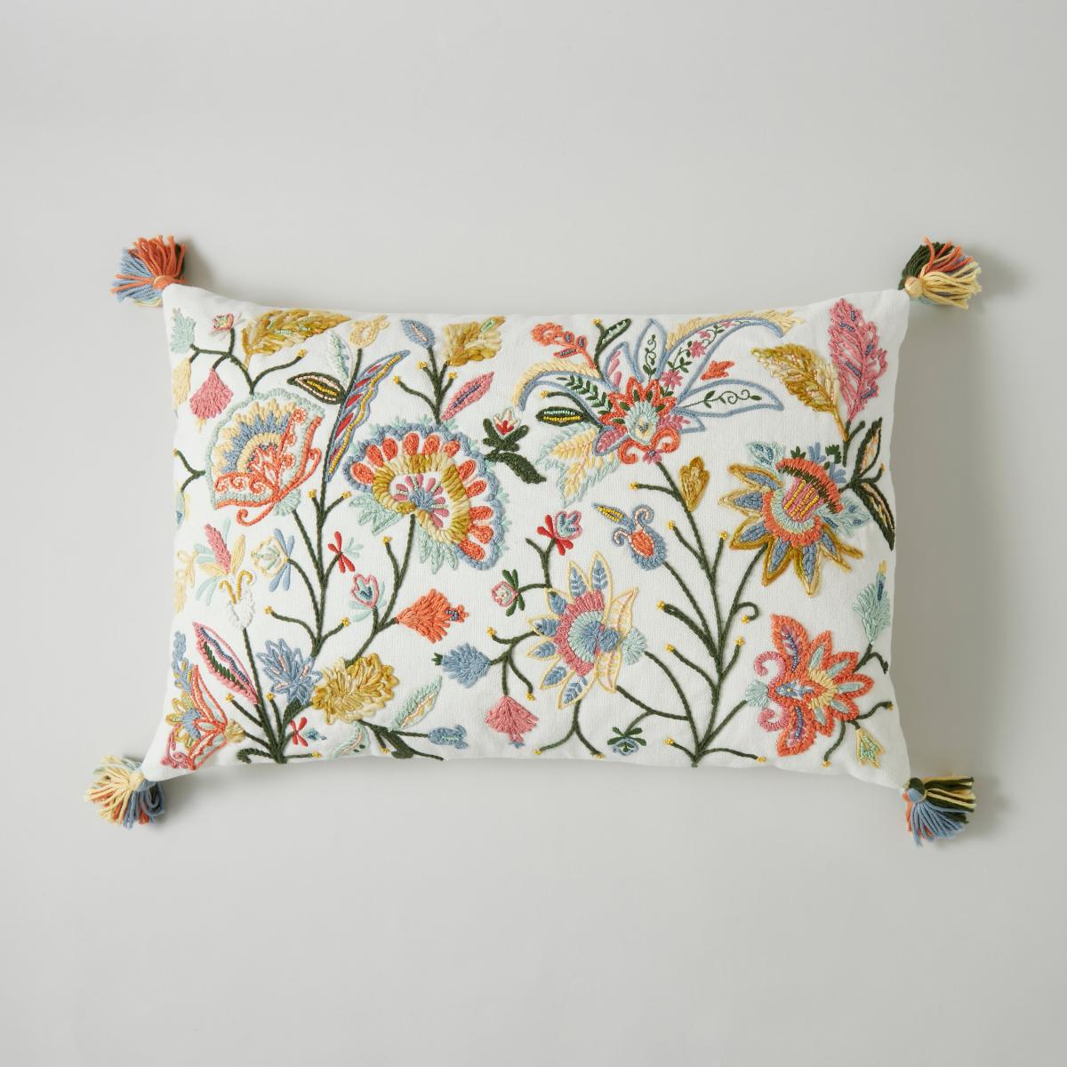 Embroidered Folktale Floral Cushion White – image 3