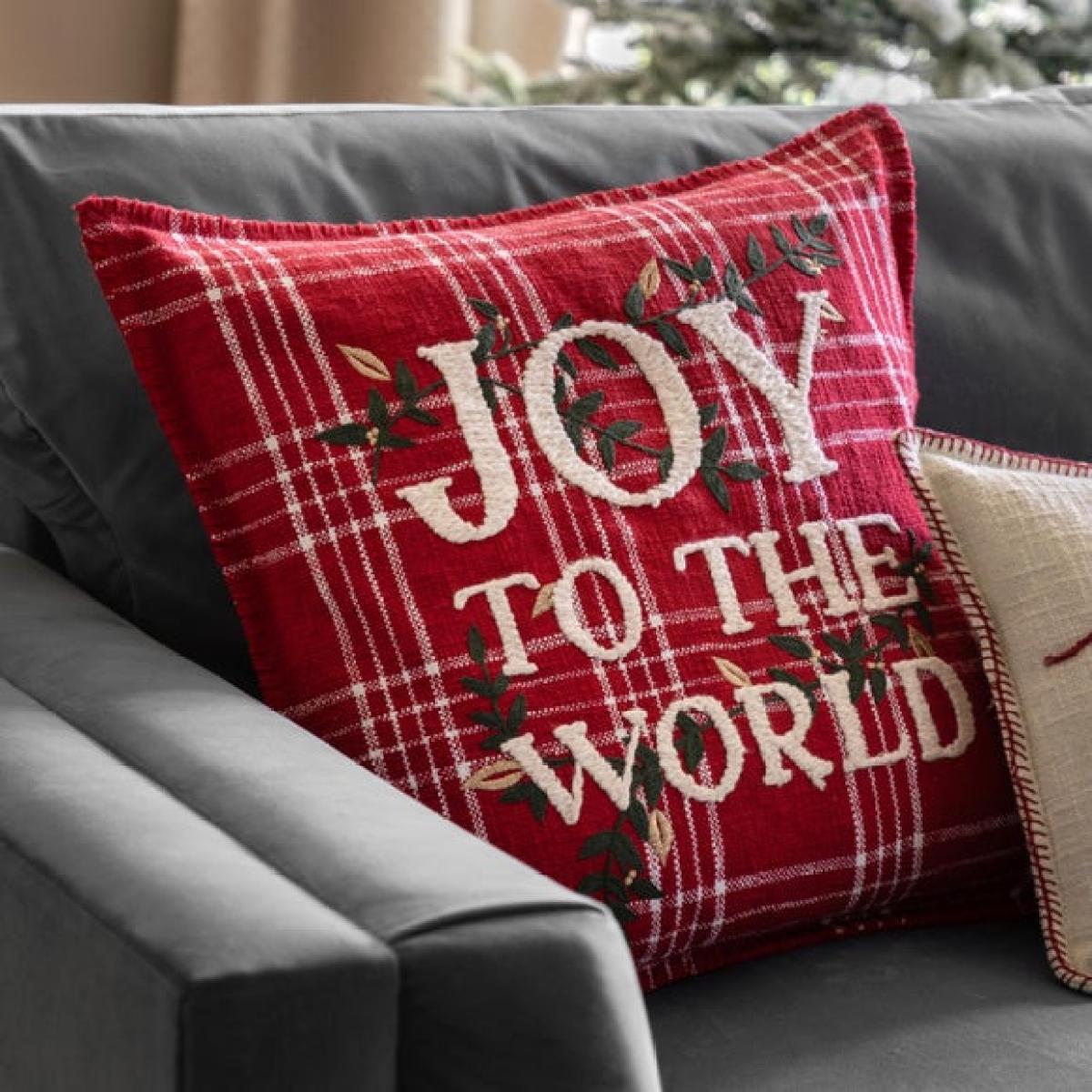 Jolly Joy To The World Embeliished Tartan Square Cushion – image 2