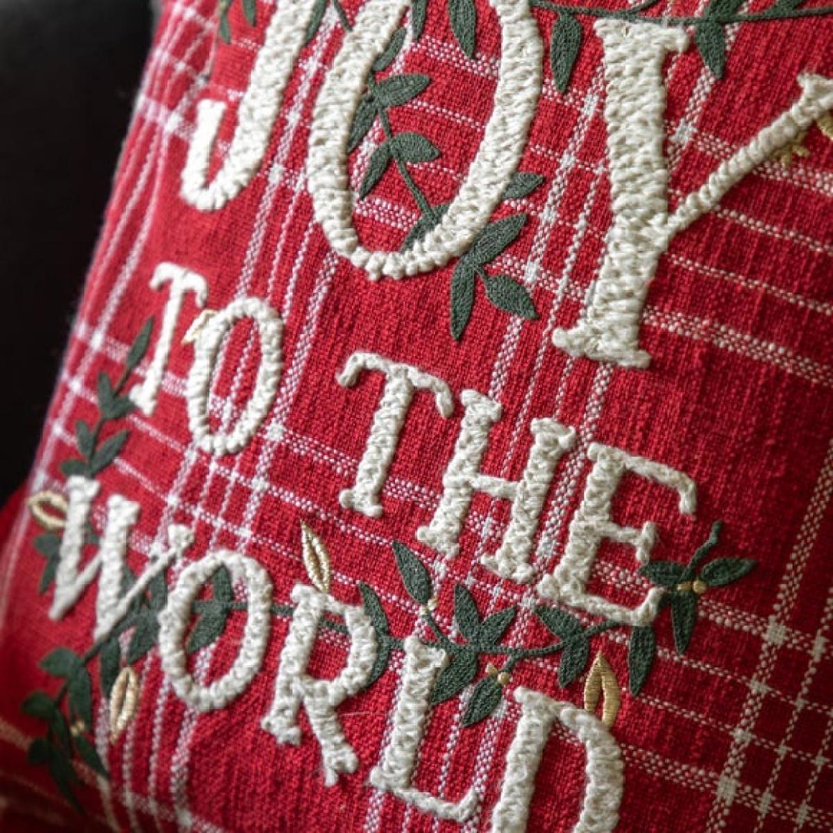 Jolly Joy To The World Embeliished Tartan Square Cushion – image 3