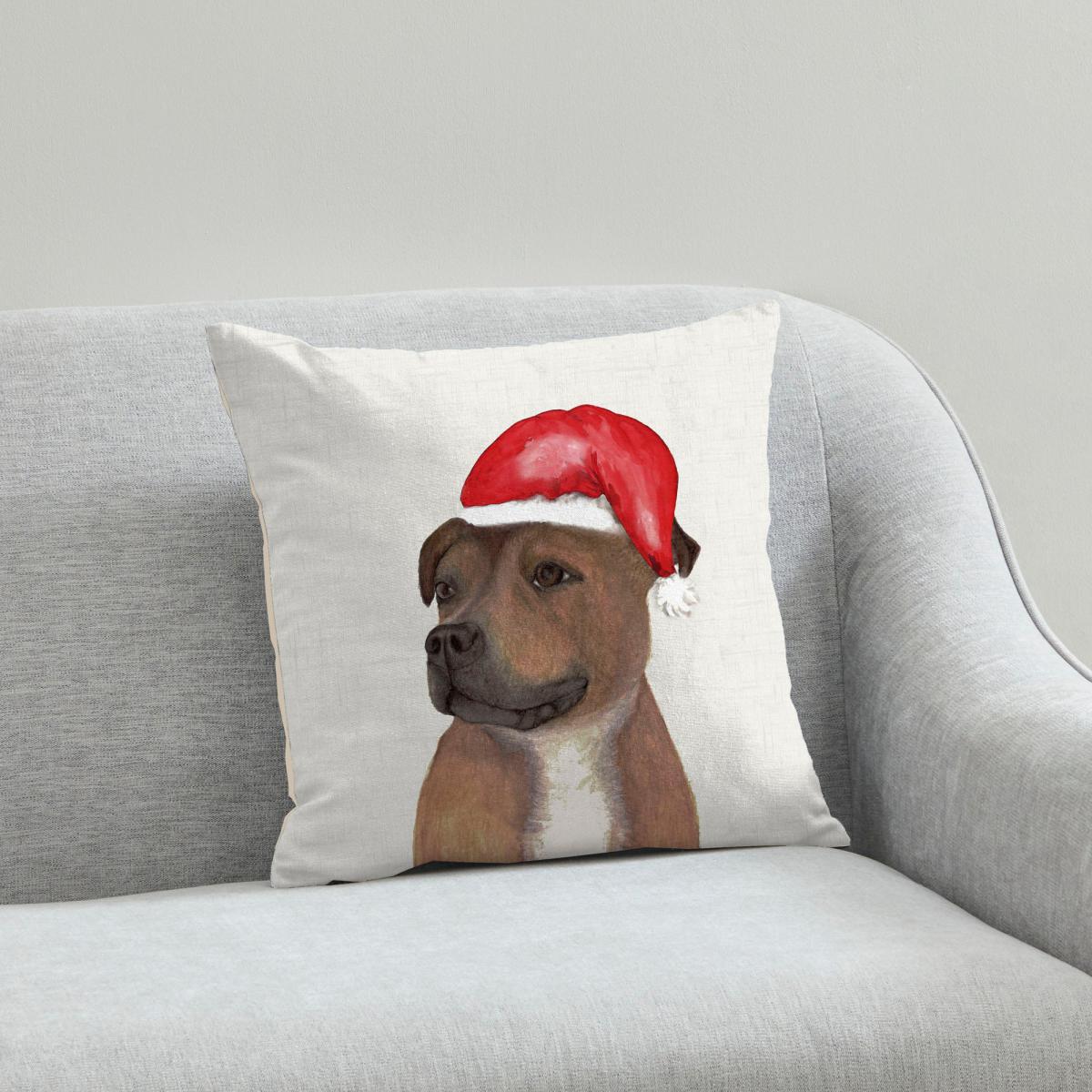 Staffy Christmas Hat Cushion White, Brown and Red – image 1