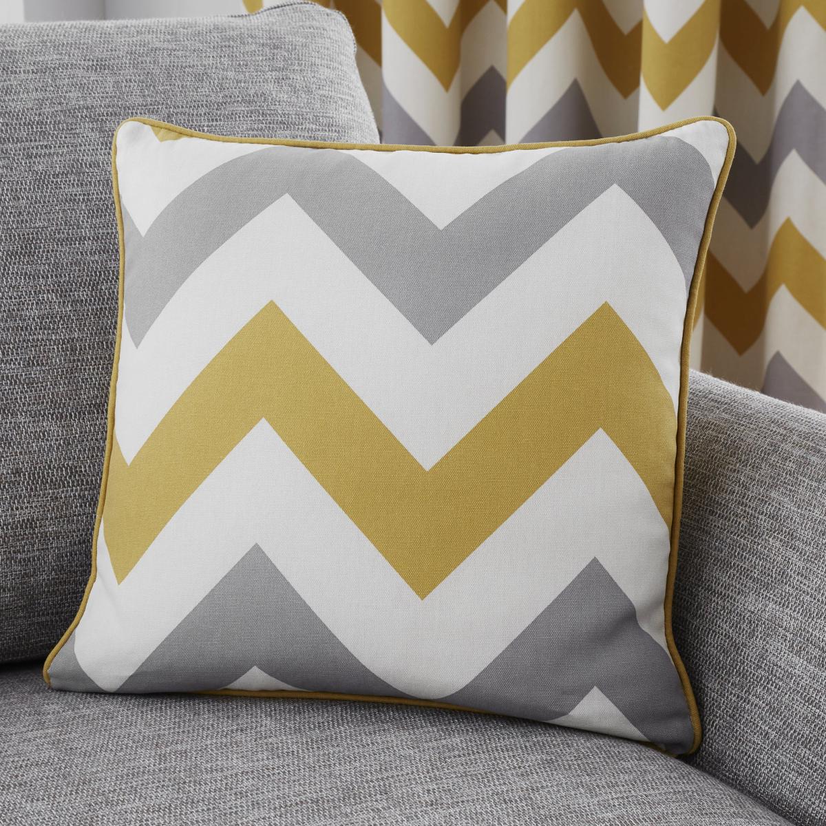 Chevron Ochre Cushion Yellow, Grey and White