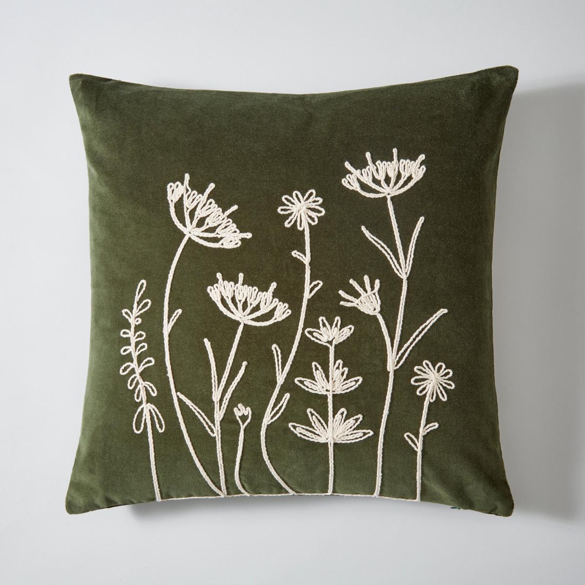 Velour Rope Embroidered Floral Cushion Olive – image 2
