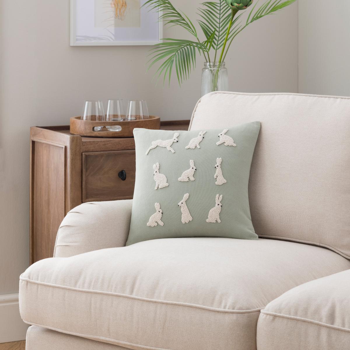 French Knot Hares Cushion Sage – image 2