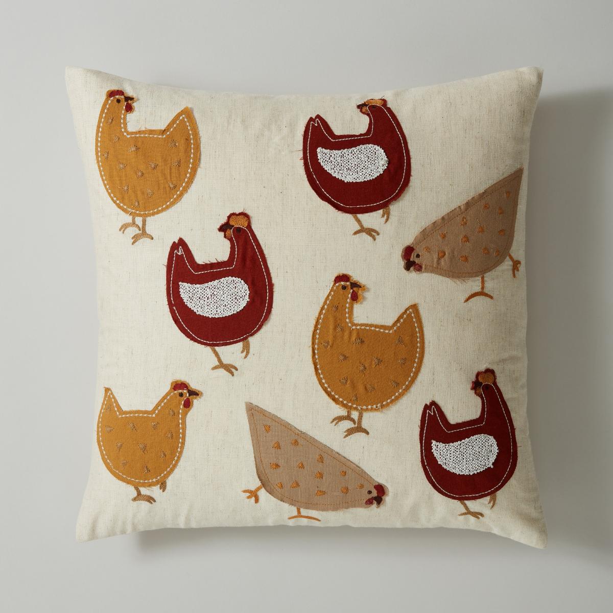 Embroidered Chickens Cushion Natural – image 3