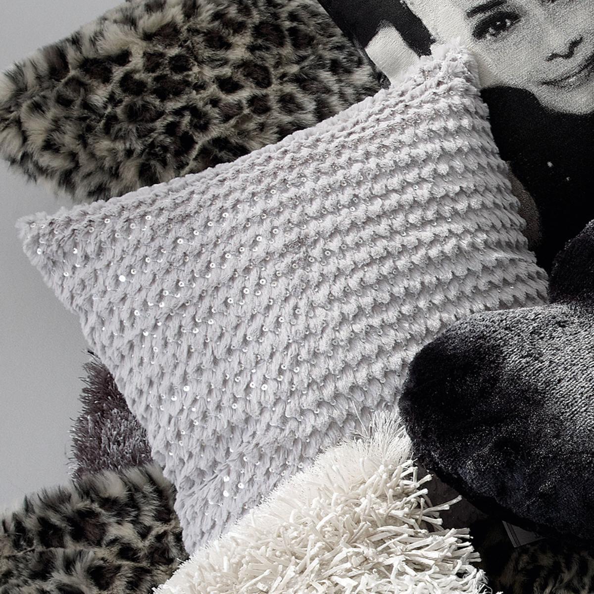Sequinned Faux Fur Cushion Silver – image 2