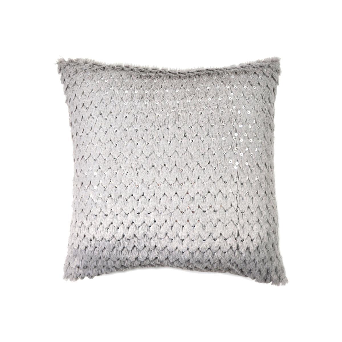Sequinned Faux Fur Cushion Silver – image 1