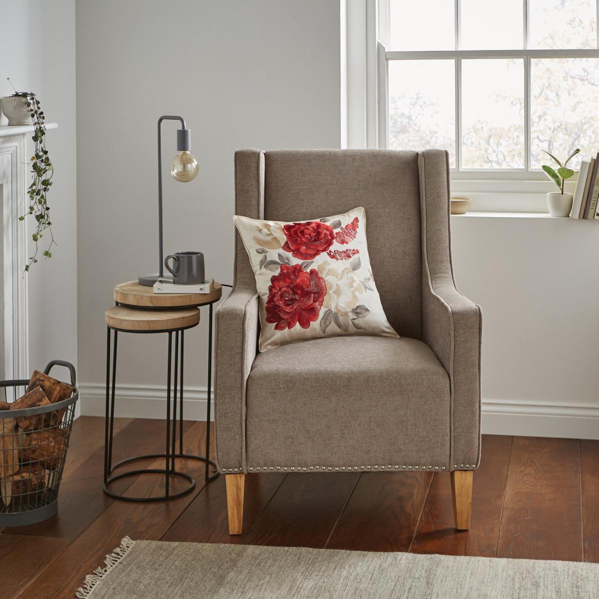 Embroidered Rose Cushion Dark Red – image 2