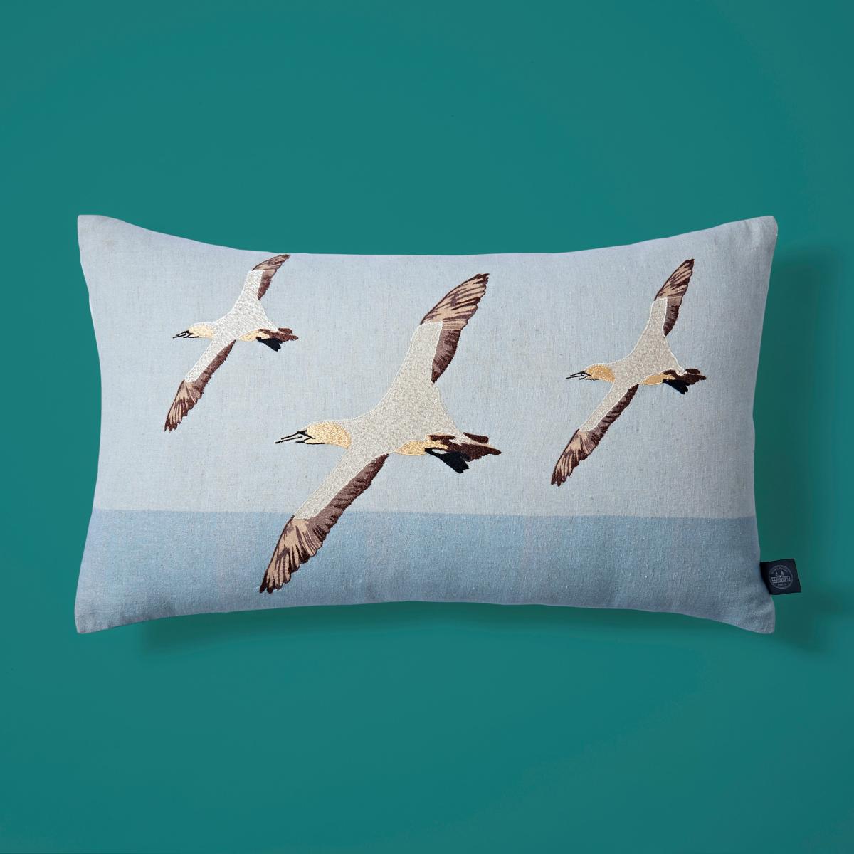 Embroidered Gannet Cushion Cover Duck Egg (Blue) – image 6