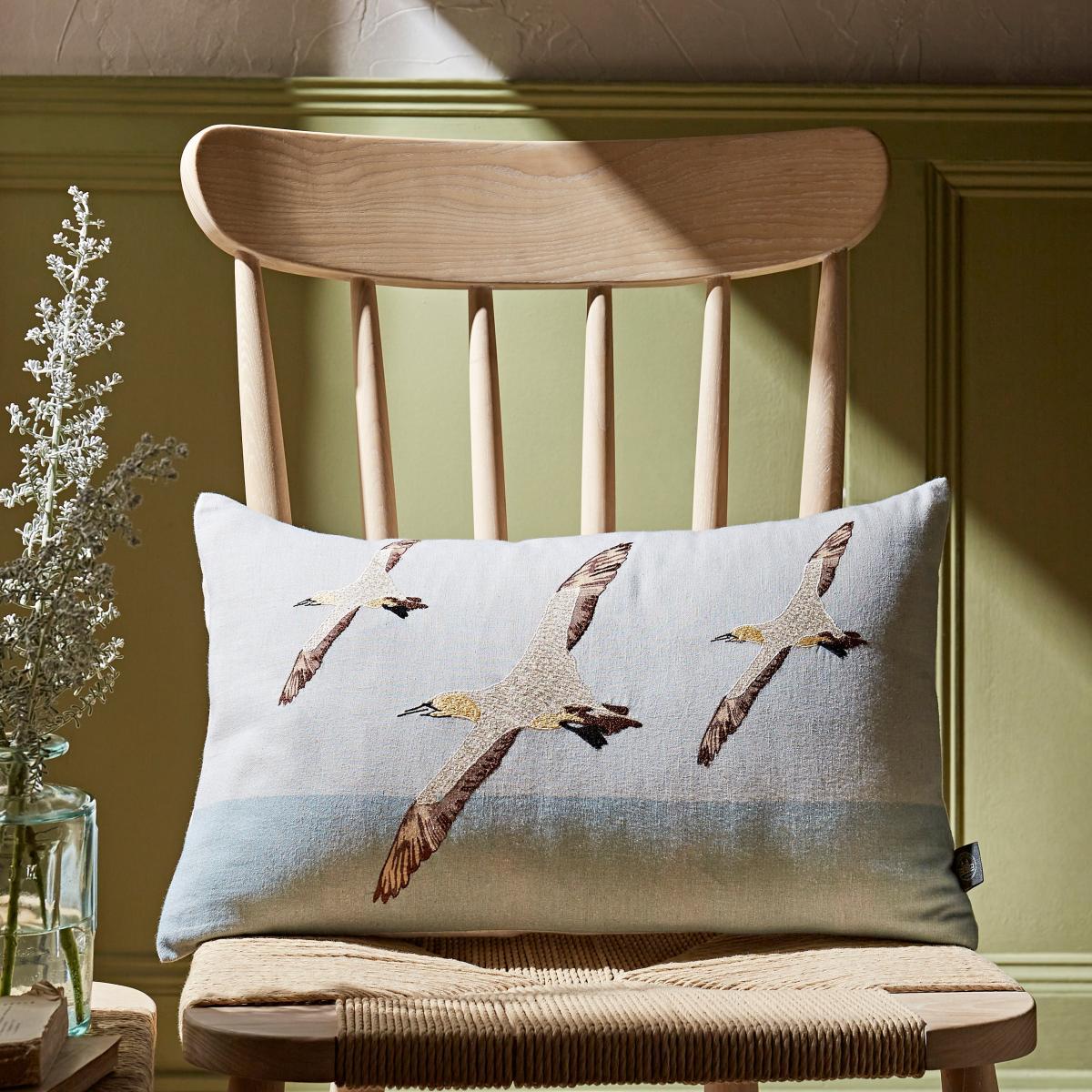 Embroidered Gannet Cushion Cover Duck Egg (Blue) – image 1