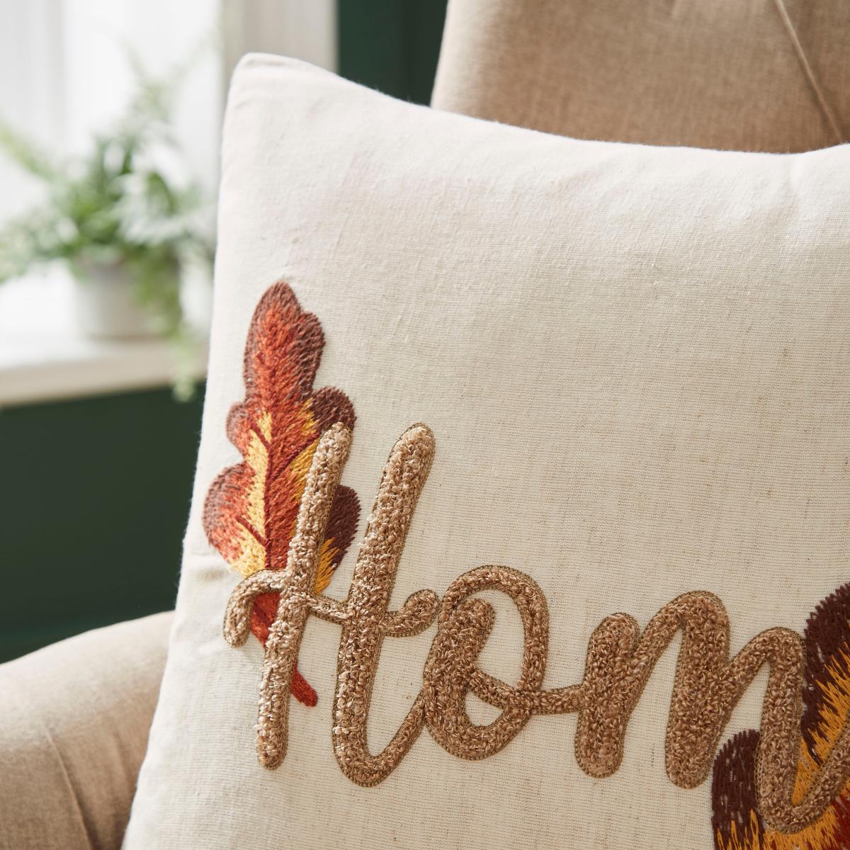 Embroidered Home Leaf Cushion, 43x43cm MultiColoured – image 2