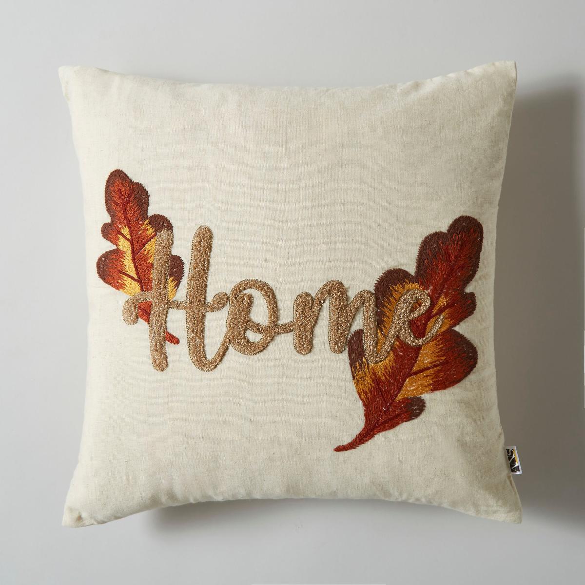 Embroidered Home Leaf Cushion, 43x43cm MultiColoured – image 3