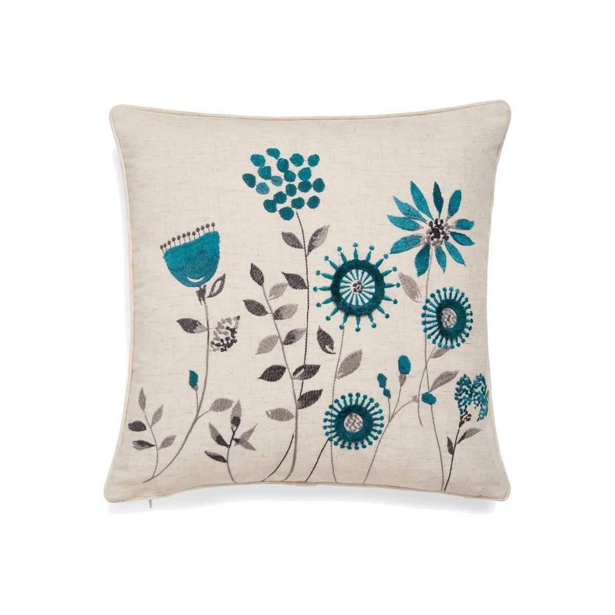 Scandi Field Embroidered Cushion Teal – image 1