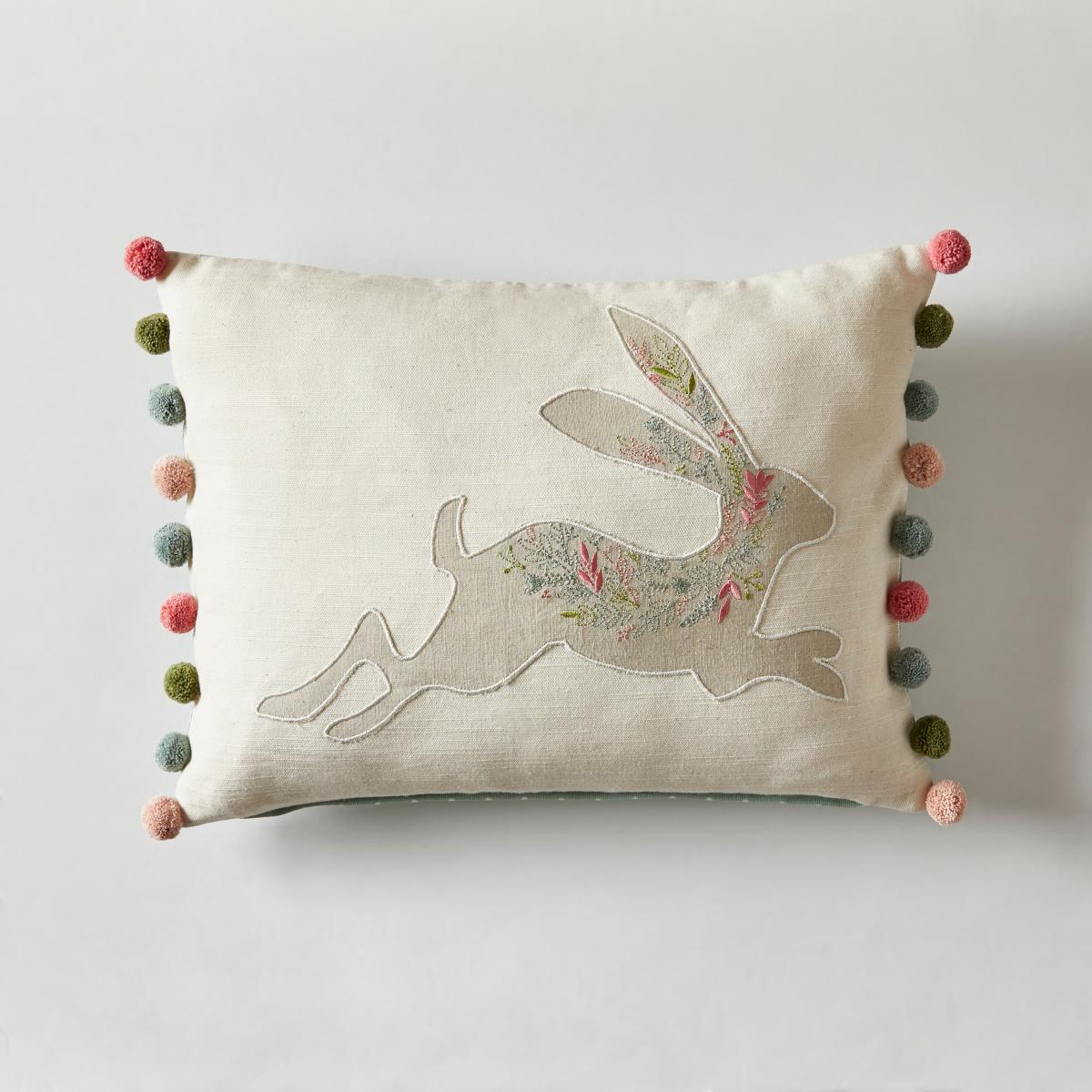 Embroidered Hare Cushion Pink/Grey/Green – image 2