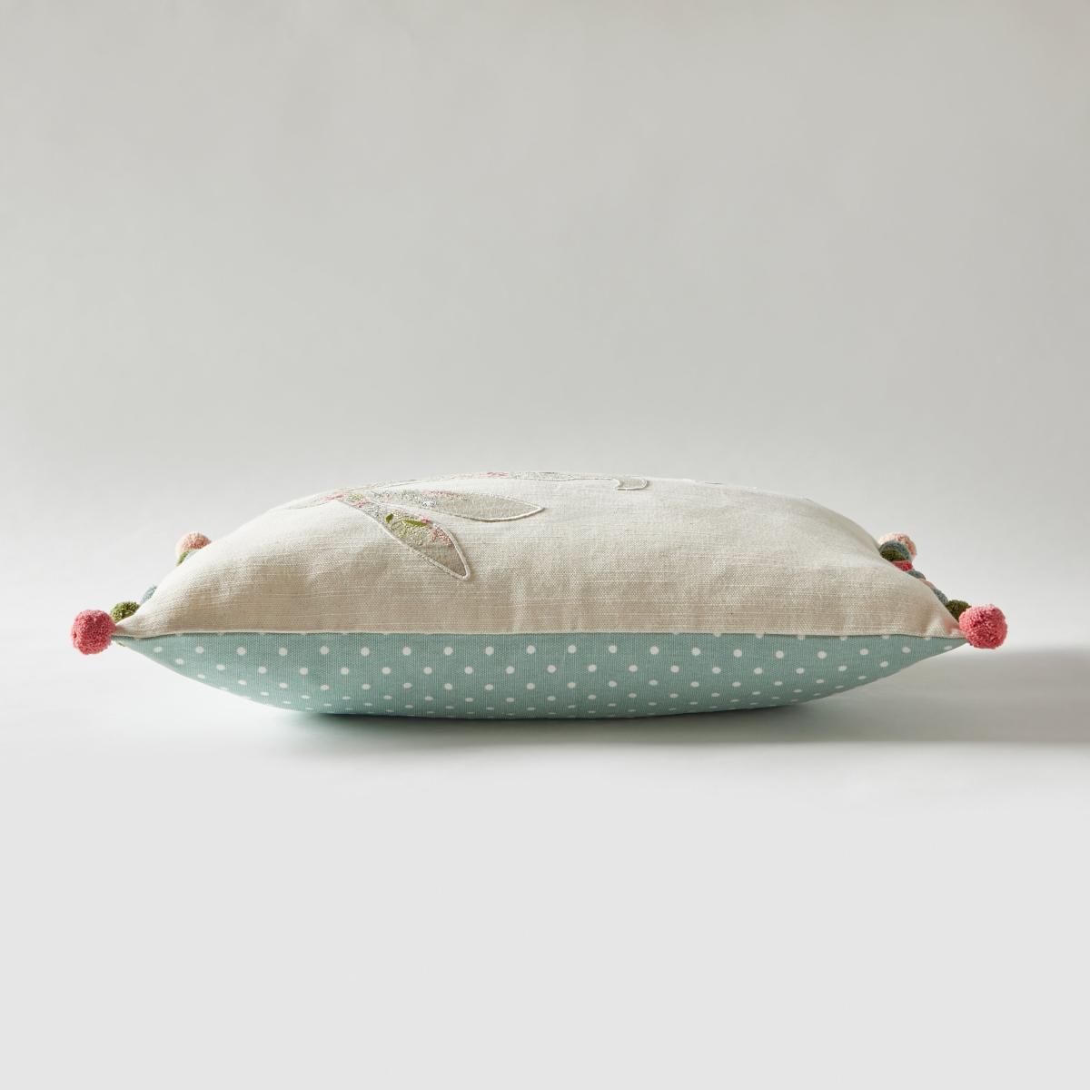 Embroidered Hare Cushion Pink/Grey/Green – image 3