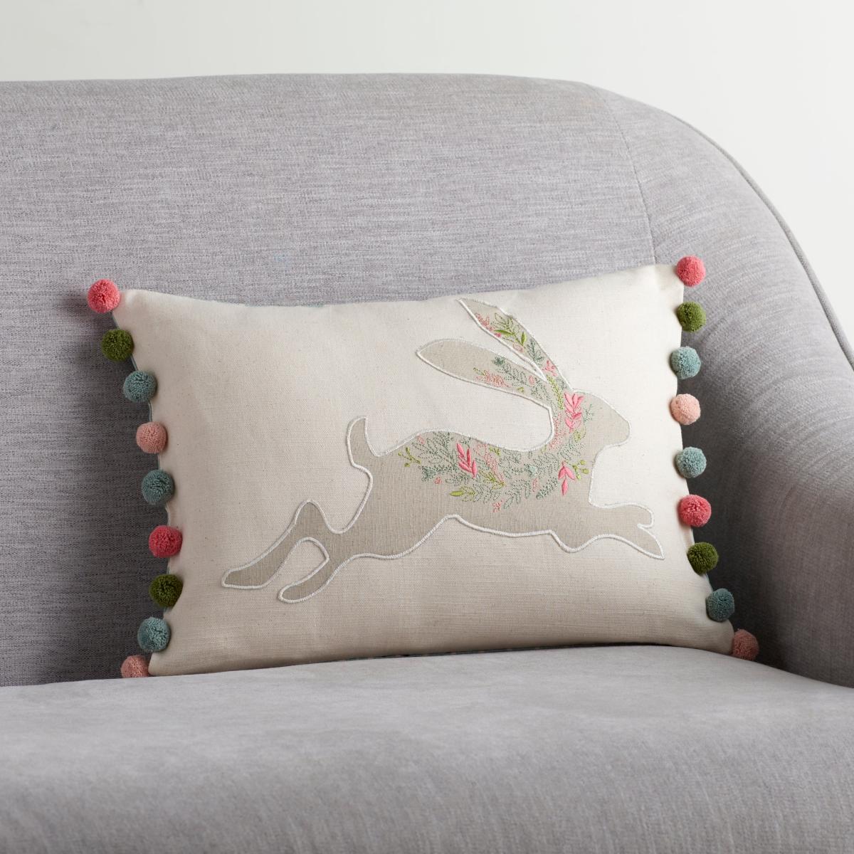 Embroidered Hare Cushion Pink/Grey/Green – image 1