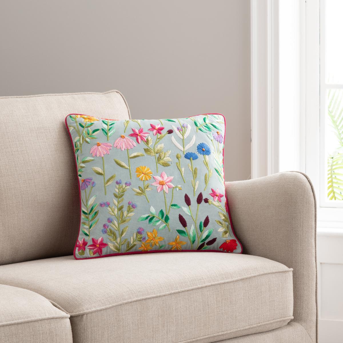 Embroidered Floral Meadow Cushion MultiColoured – image 1