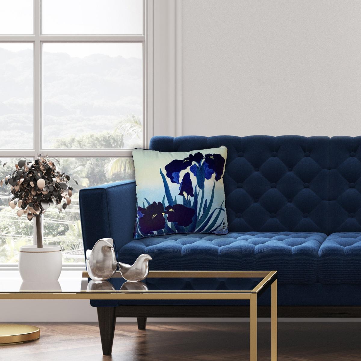 Ohara Koson Iris Flowers Velvet Square Cushion Blue – image 2